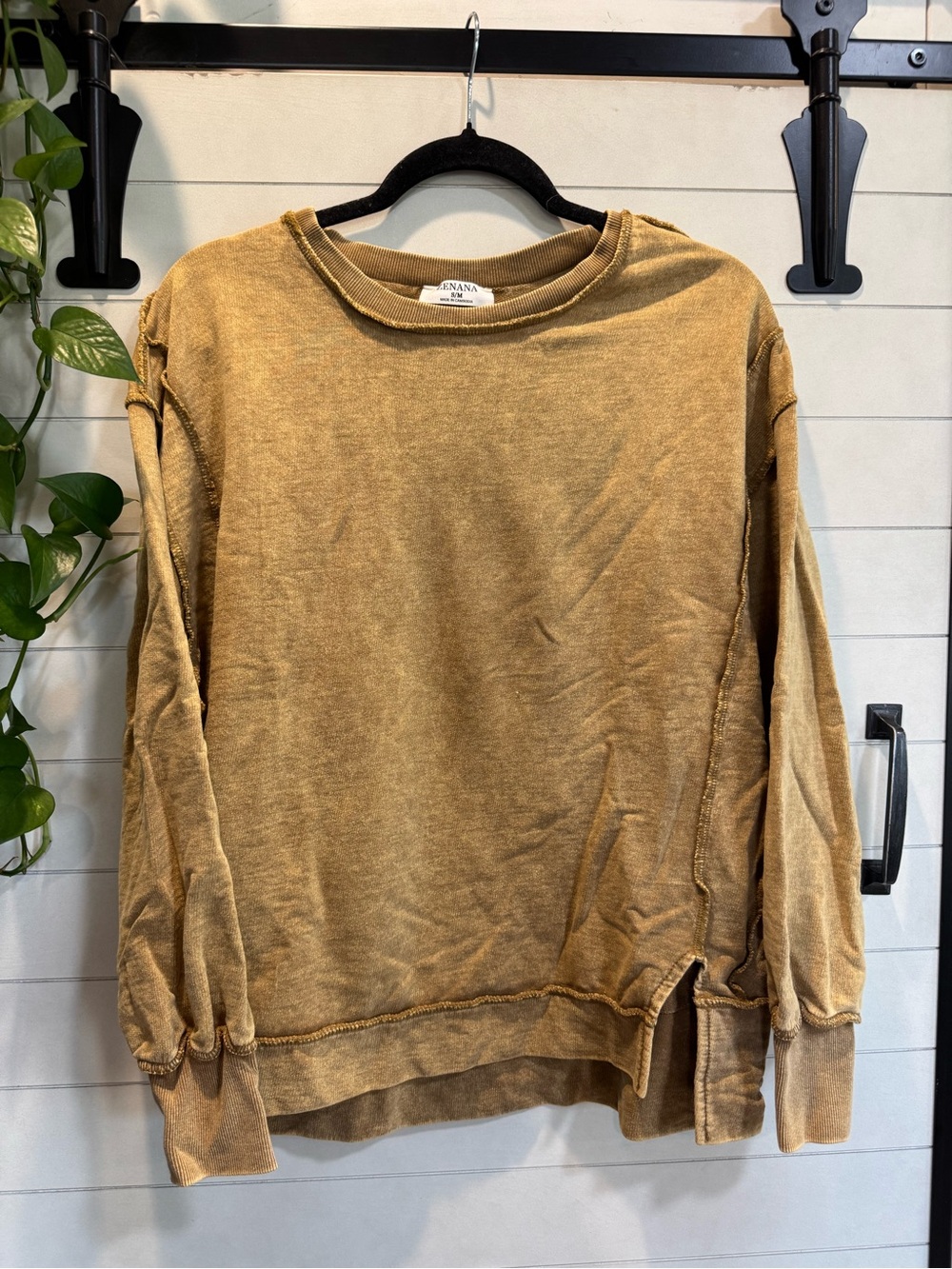 Zenana Outfitters Washed Caramel Crewneck Sweater